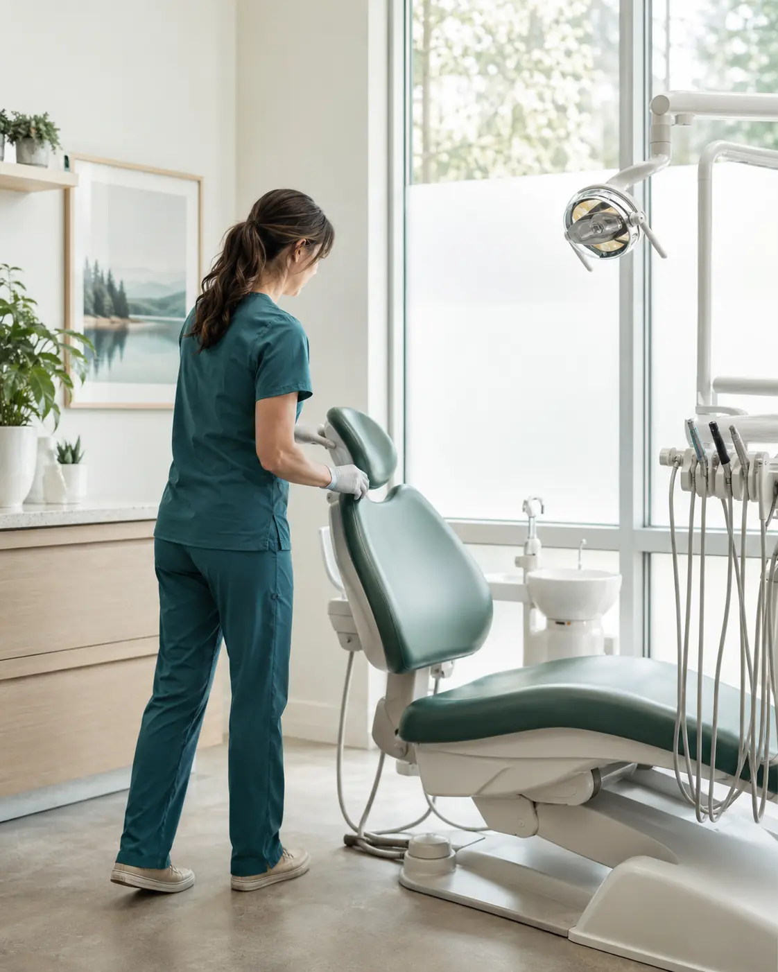 Dental professional preparing a treatment room in a fictional ARC design concept