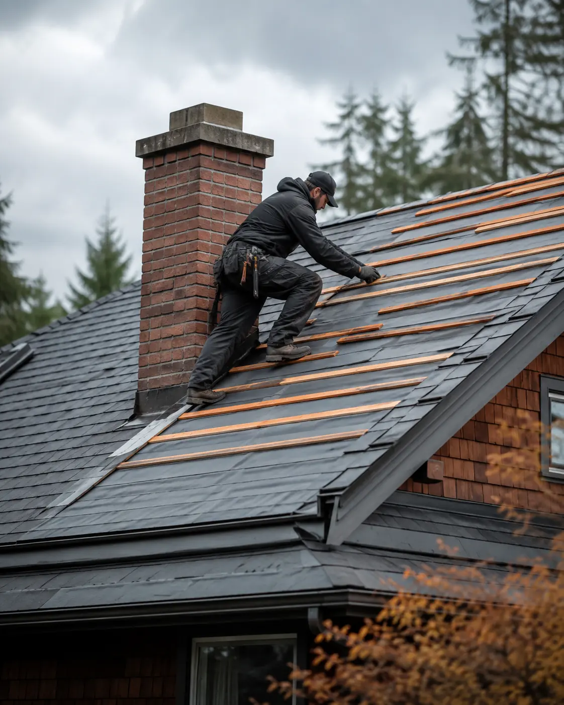 Roofer working on a residential roof in a fictional ARC design concept